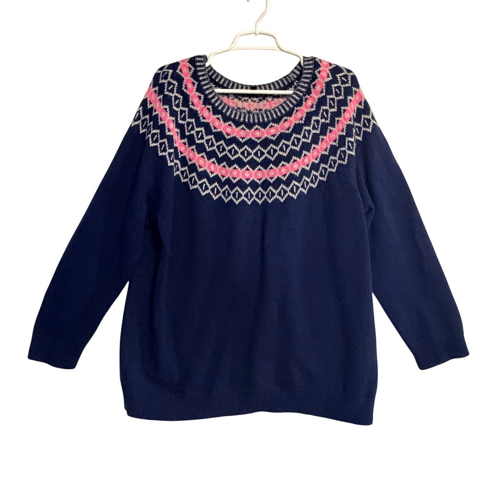 Talbots Woman Navy Blue Pink Fair Isle Lambswool Blend Sweater 2X CN2708